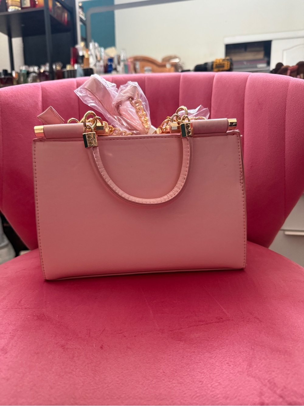 bebe Pink Textured Satchel with Gold Hardware and Charm - Picture 2 of 5